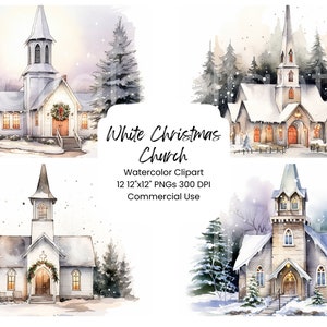 Bianco Natale Chiesa Clipart Acquerello Carta digitale Bundle 12 PNG Vacanza Rosso Inverno Diario Pagine Craft Scrapbook Sfondo Neve
