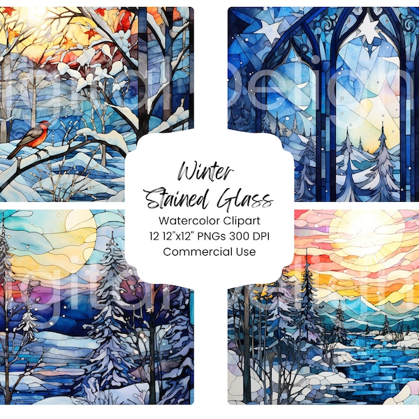 Winter Stained Glass Clipart Watercolor Digital Paper Bundle 12 PNG Holiday Journal Pages Craft Scrapbooking Texture Background Christmas
