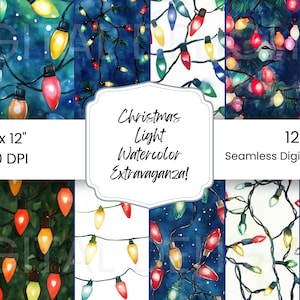 May include: Twelve digital seamless patterns featuring watercolor illustrations of Christmas lights in various colors, including red, green, blue, and yellow, on a white and blue background. The text "Christmas Light Watercolor Extravaganza!" and "12 Seamless Digital Designs" are included in the image.