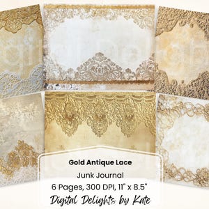 Gold Antike Spitze Bordüre Junk Journal druckbare Seite Vintage Shabby Chic Hochzeit Scrapbook Papier druckbare Seite Spitze Hintergrund Ephemera
