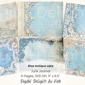 Blau Antik Spitze Borte Junk-Journal druckbare Seite Vintage Shabby Chic Hochzeit Scrapbook Papier druckbare Seite Hintergrund Jungen-Baby-Dusche