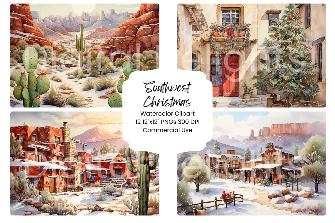 Southwest Christmas Clipart Watercolor Digital Paper Bundle 12 PNG