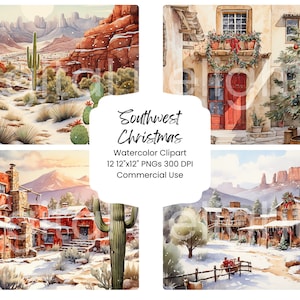 Suroeste Navidad Clipart acuarela papel digital paquete 12 PNG vacaciones cactus diario páginas artesanía álbum de recortes fondo vacaciones festivas