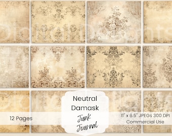 Neutral Damask Junk Journal Pages: Vintage Printable Ephemera (Digital Download)