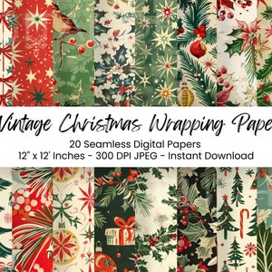 May include: A set of 20 digital Christmas wrapping paper designs. The papers feature a variety of vintage-inspired patterns, including stars, holly, bows, and ornaments. The papers are 12 inches by 12 inches and 300 DPI.