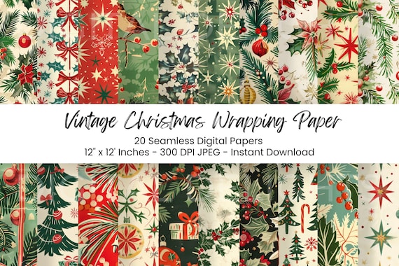 Vintage Christmas Seamless Digital Paper, Retro Holiday Patterns Printable (Digital Download)