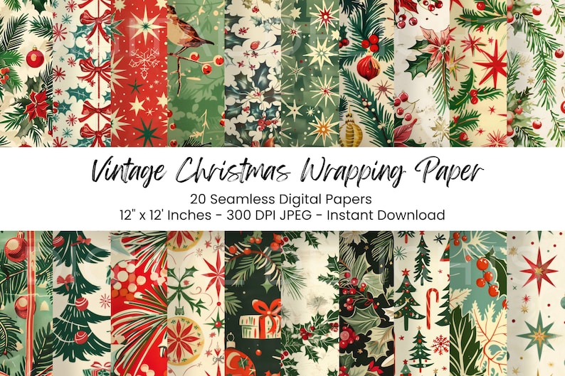 Retro holiday digital paper pack poster featuring festive trees, cardinals, and gold accents on cream backgrounds