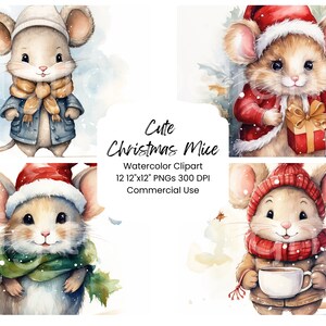 Könnte beinhalten: Vier Aquarell-Illustrationen von niedlichen Mäusen, die Winterkleidung tragen und weihnachtliche Gegenstände halten. Die Mäuse tragen Hüte, Schals und Mäntel. Eine Maus hält ein Geschenk, eine andere hält eine Tasse heiße Schokolade und die anderen beiden stehen mit gekreuzten Pfoten. Die Illustrationen sind vor einem weißen Hintergrund mit Aquarell-Waschungen in Blau und Grün.