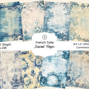 Blue Toile Junk Journal Pages: French Floral Ephemera (Digital Download)