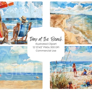 Tag am Strand Meer entkommen Urlaub Aquarell Digitales Papier Bundle 12 PNG JPG Dateien Aquarell Ozean Landschaft Journal Handwerk Sammelalbum