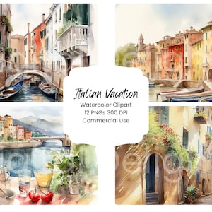 Italian Vacation Watercolor Clipart: Europe Scenery (12 PNG JPG Files)