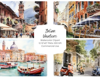 Italian Vacation Watercolor Clipart: Europe Scenery PNG Bundle (Digital Download)