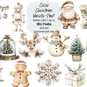 100 Neutral Cozy Christmas Clipart PNGs | Rustic Holiday Decor, Vintage Santa, Woodland Animals, Evergreen Wreaths | Christmas Digital Art