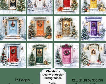 Christmas Door Watercolor Backgrounds: Holiday Clipart (Digital Download)