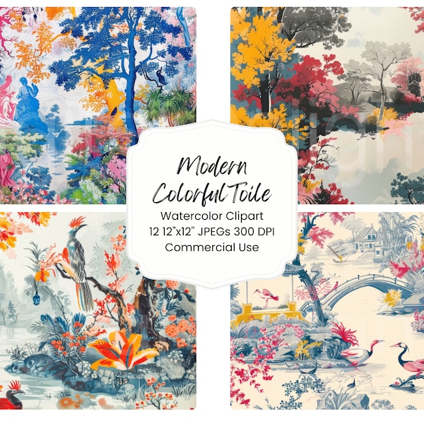 Modern Colorful Toile Watercolor Digital Paper Bundle 12 JPEG Asian Inspired Journal Page Craft Scrapbook Background Toile De Jouy Wallpaper