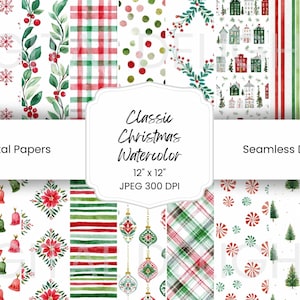 Watercolor Christmas Digital Paper: Festive Seamless Patterns (Digital Download)
