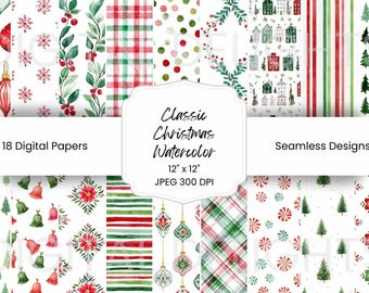Watercolor Christmas Digital Paper: Festive Seamless Patterns (Digital Download)