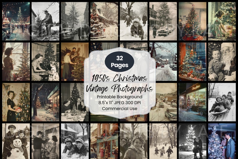 Retro holiday snapshot collage sheets for junk journaling — 1950s-style vintage Christmas digital download with decorated windows, sledding, and seasonal storefronts