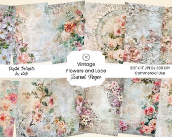 Op de afbeelding: Twaalf digitale journalpagina's met vintage bloemen- en kantontwerpen. De pagina's zijn 21,6 cm x 27,9 cm en 300 DPI. Ze zijn voor commercieel gebruik.