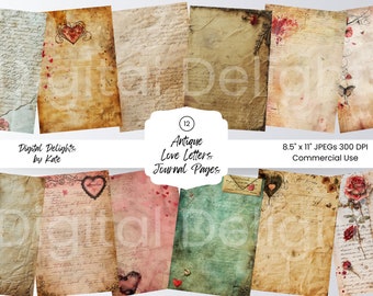May include: Twelve digital paper pages with a vintage aesthetic. The pages feature faded ink, handwritten text, and romantic imagery like hearts, roses, and butterflies. The pages are 8.5 inches by 11 inches and 300 DPI.