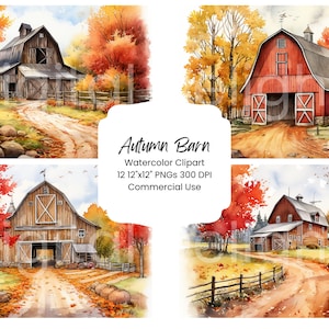 Autumn Barn Clipart Acuarela Paquete de papel digital 12 PNG Fall Barn Journal Páginas Craft Scrapbook Fondo Follaje Hojas País