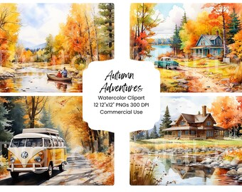 Autumn Watercolor Clipart Set, Cabin Camper Landscape Fall Scenes (Digital Download)