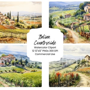 Pacote de papel digital aquarela campo italiano 12 arquivos PNG JPG aquarela cenário de férias artesanato digital textura de scrapbooking França