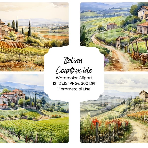 Italian Countryside Watercolor Digital Paper Bundle 12 PNG JPG Files Watercolor Vacation Scenery Digital Craft Scrapbooking Texture France