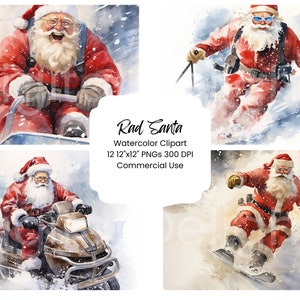 Rad Santa Natal Clipart Aquarela Pacote de papel digital 12 PNG Páginas de diário de férias Artesanato Fundo de álbum de recortes Festivo Snowboard Neve