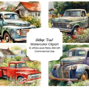 Pacote de papel digital de caminhonete vintage 12 arquivos PNG JPG Jardim aquarela paisagem cenário artesanato digital scrapbooking diário de textura