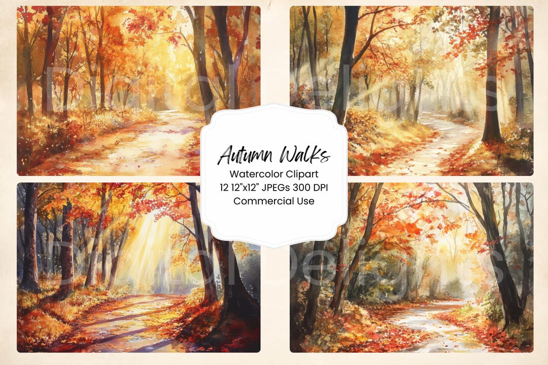 Autumn Walk Morning Sun Watercolor Digital Paper Bundle 12 JPG Files ...