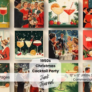 Anni '50 Natale Cocktail Party Carta Digitale Bundle 12 JPEG Vacanza Diario Pagina Artigianato Scrapbooking Texture Sfondo Inverno Retro Vintage