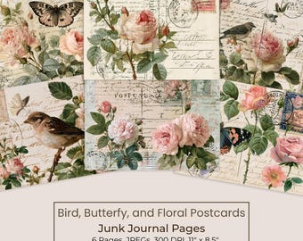 Vintage Pink Floral Junk Journal Kit, Printable Postcard Pages (Digital Download) 120