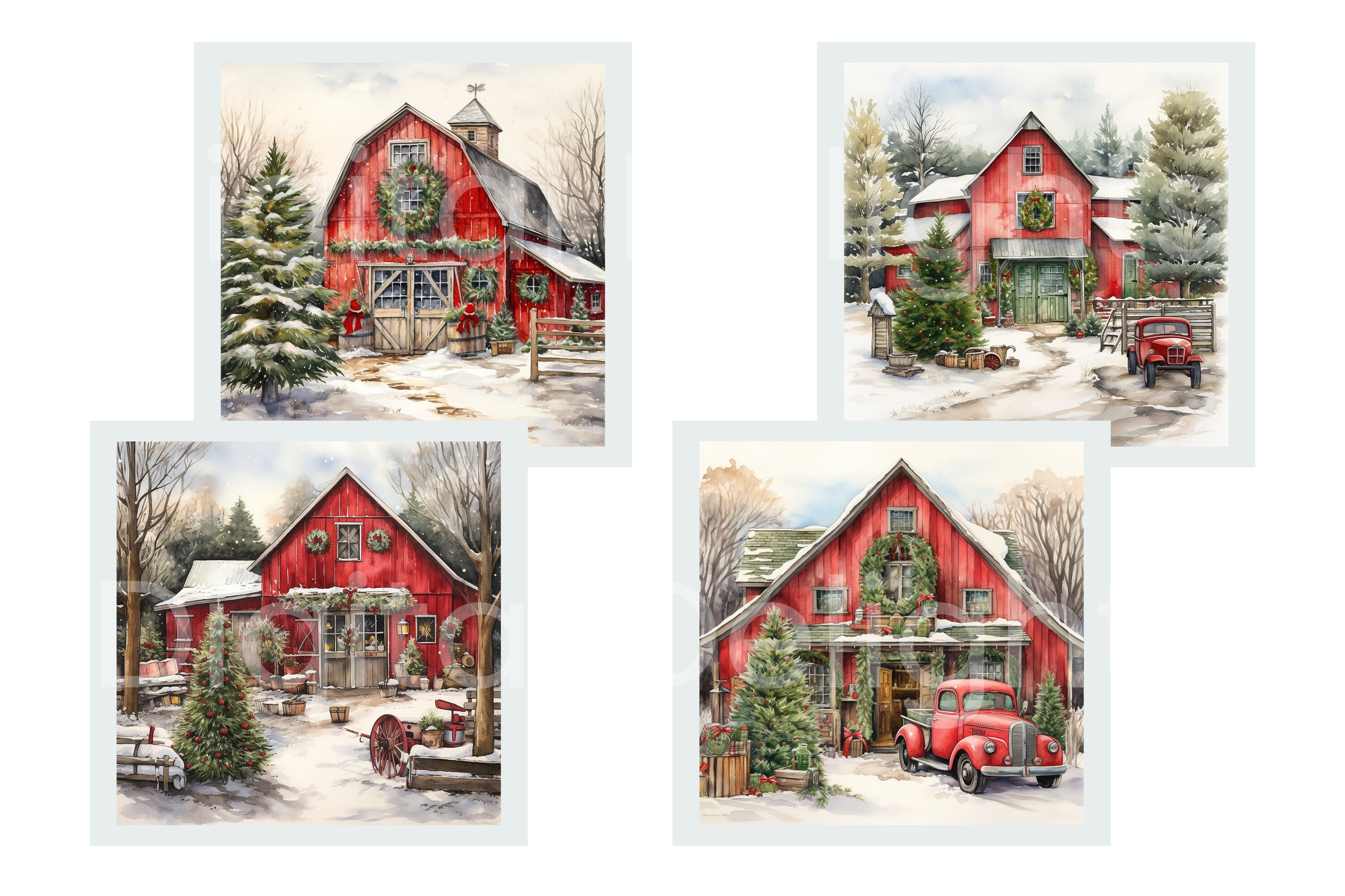 Red Barn Christmas Clipart, Watercolor Farmhouse, Holiday Decor ...