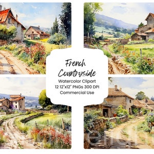 Pacote de papel digital aquarela campo francês 12 arquivos PNG JPG aquarela cenário de férias artesanato digital textura de scrapbooking França