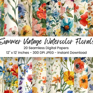 Vintage Floral Watercolor Paper: Seamless Summer Patterns (Digital Download)