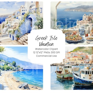 Île grecque vacances aquarelle papier numérique Bundle 12 PNG aquarelle Grèce Europe paysage artisanat numérique Scrapbooking Texture Santorin