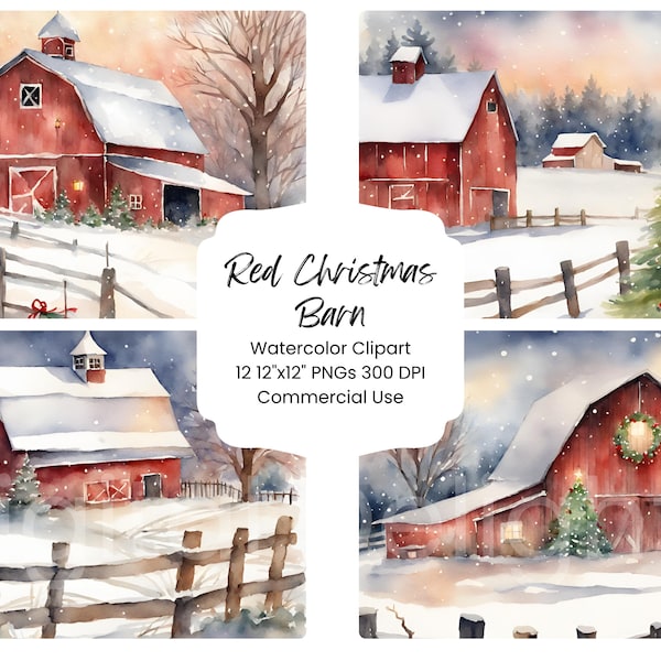 Red Christmas Barn Tree Clipart Watercolor Digital Paper Bundle 12 PNG Holiday Journal Pages Craft Scrapbook Background Country Scene