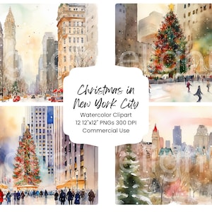 Natale a New York Clipart Acquerello Carta digitale Bundle 12 PNG Snow City Journal Pagine Craft Scrapbook Sfondo Festività
