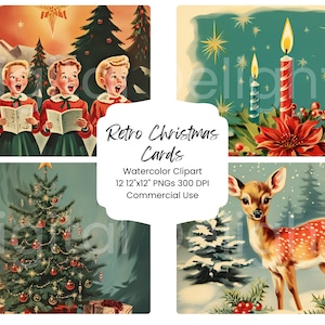 1950s Retro Weihnachtskarten Clipart Aquarell Digitales Papier Bundle 12 PNG Urlaub Journal Seiten Handwerk Scrapbook Textur Hintergrund Winter