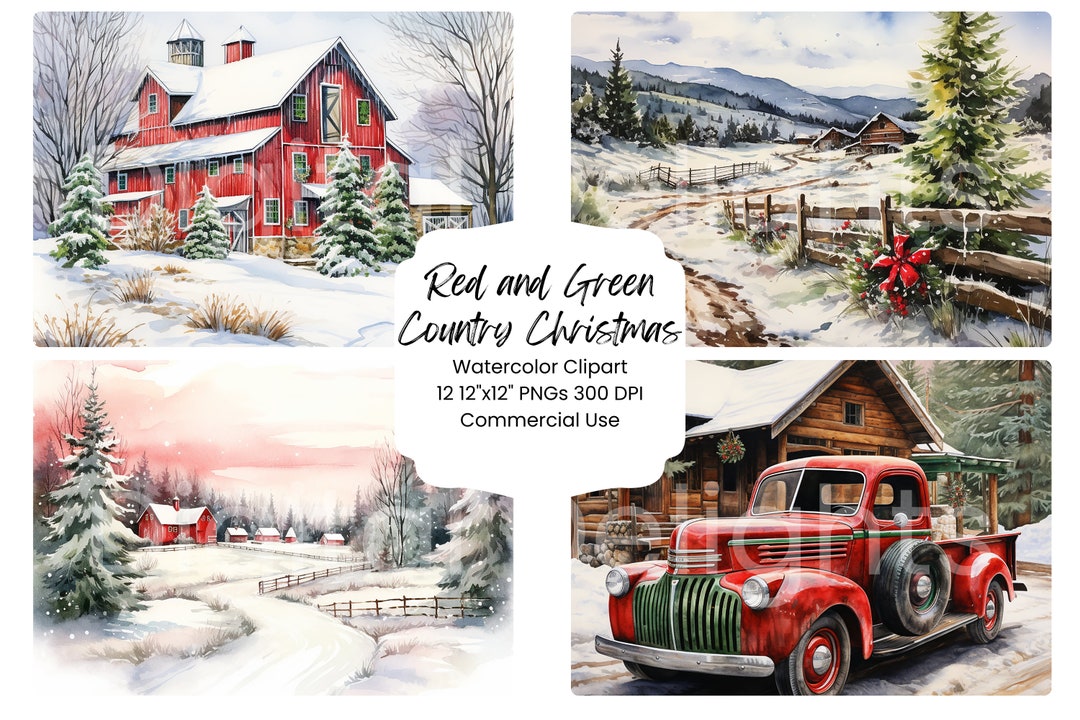 Red and Green Country Christmas Clipart Watercolor Digital Paper Bundle