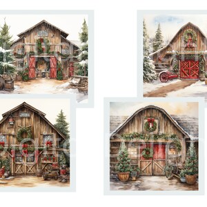 Winter barn digital sticker pack for junk journals — 12 hand-illustrated watercolor holiday scenes with red ribbons, pine trees, and rustic farm-themed seasonal imagery