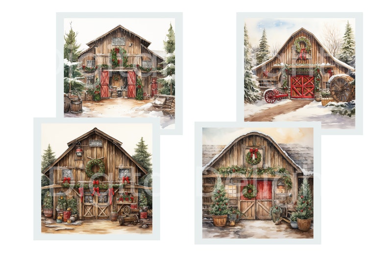Winter barn digital sticker pack for junk journals — 12 hand-illustrated watercolor holiday scenes with red ribbons, pine trees, and rustic farm-themed seasonal imagery