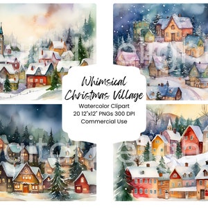 Caprichoso Christmas Village acuarela paquete de papel digital 20 PNG Winter Town Journal páginas Craft Scrapbooking textura fondo vacaciones