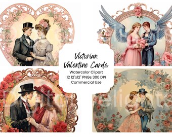 May include: Set of four vintage Victorian Valentine's Day cards featuring watercolor illustrations of couples in romantic settings. The cards are framed with ornate floral designs and feature a heart shape, a circle, and two oval frames.