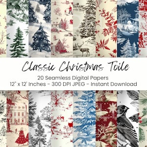 Pacchetto di carta digitale senza cuciture in toile di Natale vintage, 20 pagine di diario vittoriano retrò per vacanze JPEG, carta da regalo artigianale, biglietto festivo fai da te