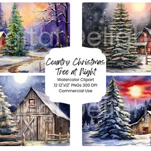 Land kerstboom bij nacht clipart aquarel digitale papier bundel 12 PNG vakantie rode schuur dagboek pagina's ambachtelijke scrapbook achtergrond
