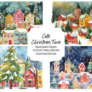 Bundle de papier numérique aquarelle mignon ville de Noël maisons de Noël insolites page de journal indésirable Scrapbooking artisanal fabrication de cartes fond vacances