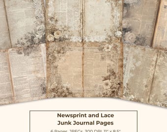 Shabby Chic Junk Journal Kit, Vintage Newsprint Lace Pages, Printable Ephemera (Digital Download)