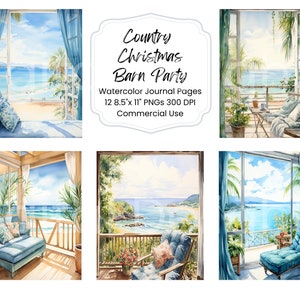 Seaside Escape Urlaub Aquarell digitales Papier Bundle 12 PNG-Dateien Aquarell Strand Ozean Landschaft Junk Journal Handwerk Scrapbooking Textur